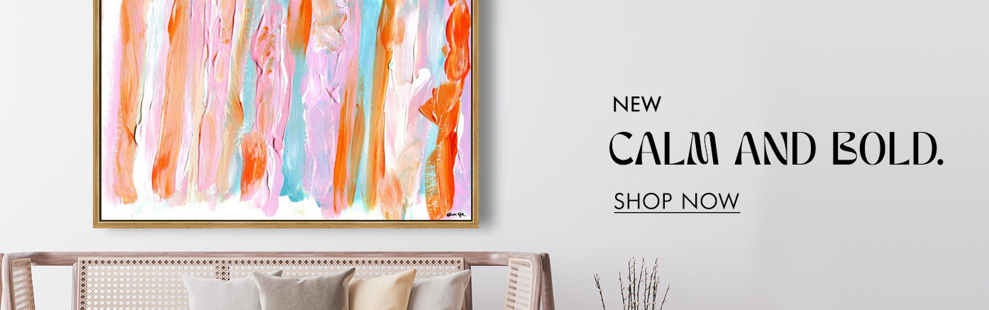 Shop our freshes, newest art. Pictured: Delicious Cream abstract piece with orange, pink, and blue paint strokes.
